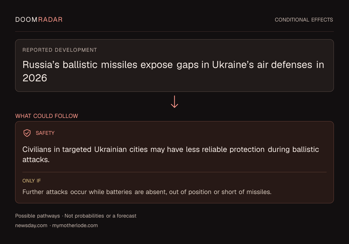 Conditional impact diagram. Reported development: Russia’s ballistic missiles expose gaps in Ukraine’s air defenses in 2026. security: Civilians in targeted Ukrainian cities may have less reliable protection during ballistic attacks. Only if: Further attacks occur while batteries are absent, out of position or short of missiles. These are possible effects, not probabilities or a forecast.