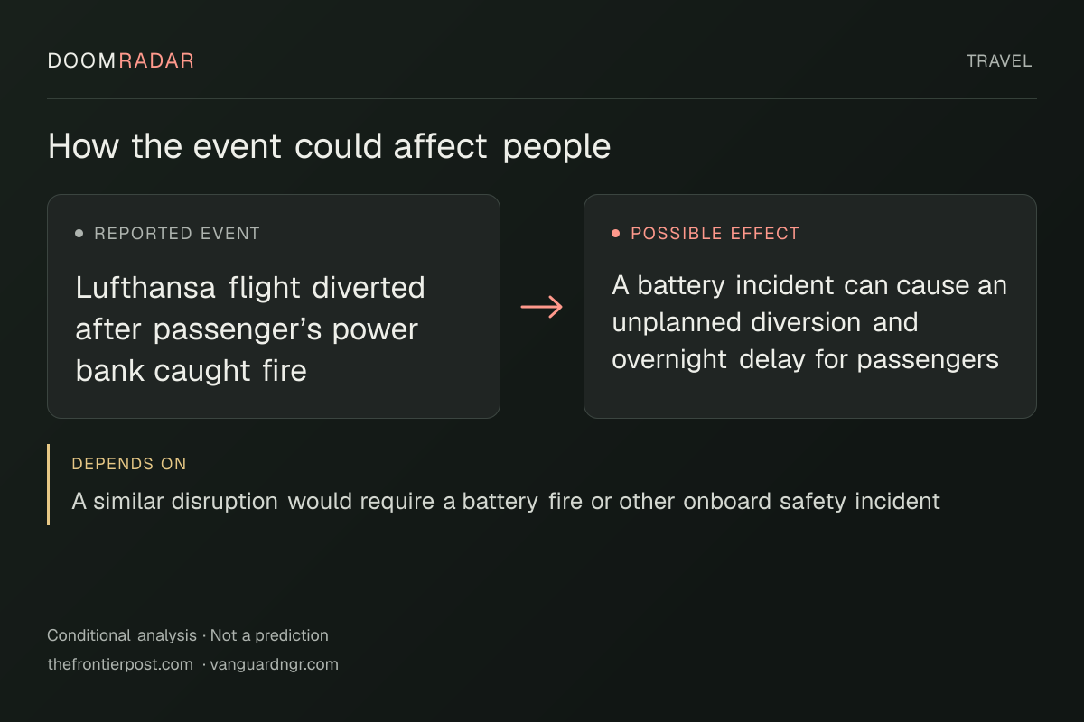 Conditional impact diagram. Reported event: Lufthansa flight diverted after passenger’s power bank caught fire. Possible effect: A battery incident can cause an unplanned diversion and overnight delay for passengers. depends on: A similar disruption would require a battery fire or other onboard safety incident