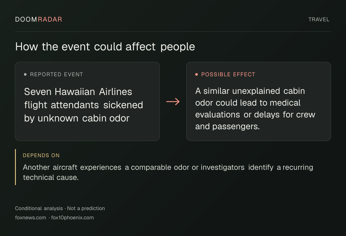 Conditional impact diagram. Reported event: Seven Hawaiian Airlines flight attendants sickened by unknown cabin odor. Possible effect: A similar unexplained cabin odor could lead to medical evaluations or delays for crew and passengers.. depends on: Another aircraft experiences a comparable odor or investigators identify a recurring technical cause.