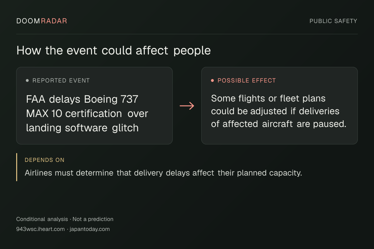 Conditional impact diagram. Reported event: FAA delays Boeing 737 MAX 10 certification over landing software glitch. Possible effect: Some flights or fleet plans could be adjusted if deliveries of affected aircraft are paused.. depends on: Airlines must determine that delivery delays affect their planned capacity.