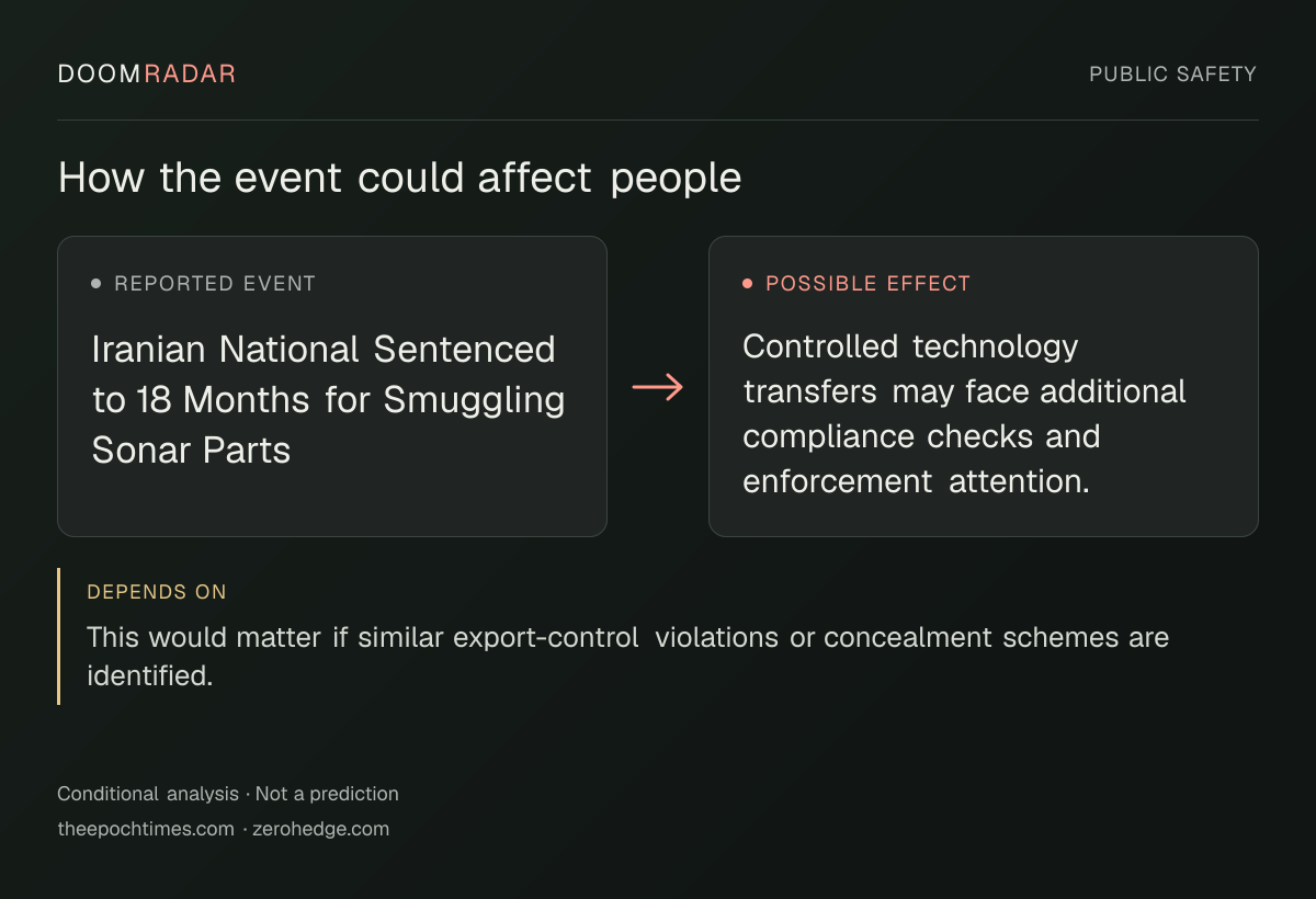 Conditional impact diagram. Reported event: Iranian National Sentenced to 18 Months for Smuggling Sonar Parts. Possible effect: Controlled technology transfers may face additional compliance checks and enforcement attention.. depends on: This would matter if similar export-control violations or concealment schemes are identified.