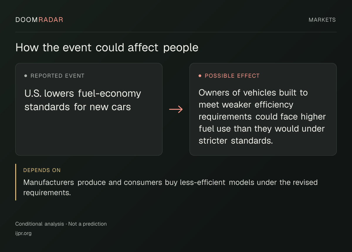 Conditional impact diagram. Reported event: U.S. lowers fuel-economy standards for new cars. Possible effect: Owners of vehicles built to meet weaker efficiency requirements could face higher fuel use than they would under stricter standards.. depends on: Manufacturers produce and consumers buy less-efficient models under the revised requirements.