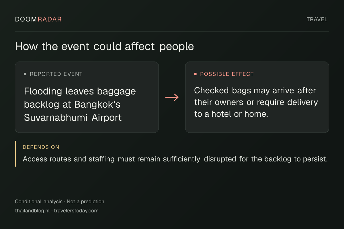 Conditional impact diagram. Reported event: Flooding leaves baggage backlog at Bangkok’s Suvarnabhumi Airport. Possible effect: Checked bags may arrive after their owners or require delivery to a hotel or home.. depends on: Access routes and staffing must remain sufficiently disrupted for the backlog to persist.