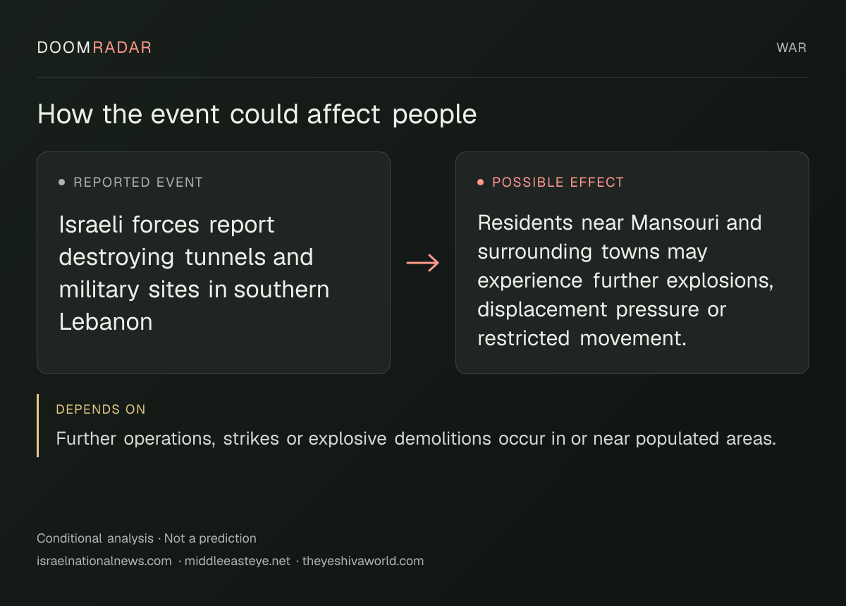 Conditional impact diagram. Reported event: Israeli forces report destroying tunnels and military sites in southern Lebanon. Possible effect: Residents near Mansouri and surrounding towns may experience further explosions, displacement pressure or restricted movement.. depends on: Further operations, strikes or explosive demolitions occur in or near populated areas.
