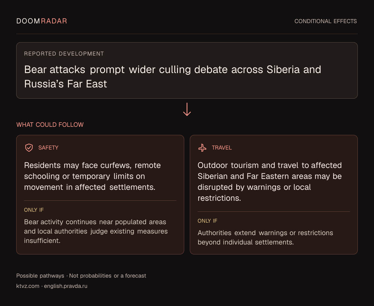 Conditional impact diagram. Reported development: Bear attacks prompt wider culling debate across Siberia and Russia’s Far East. security: Residents may face curfews, remote schooling or temporary limits on movement in affected settlements. Only if: Bear activity continues near populated areas and local authorities judge existing measures insufficient. travel: Outdoor tourism and travel to affected Siberian and Far Eastern areas may be disrupted by warnings or local restrictions. Only if: Authorities extend warnings or restrictions beyond individual settlements. These are possible effects, not probabilities or a forecast.