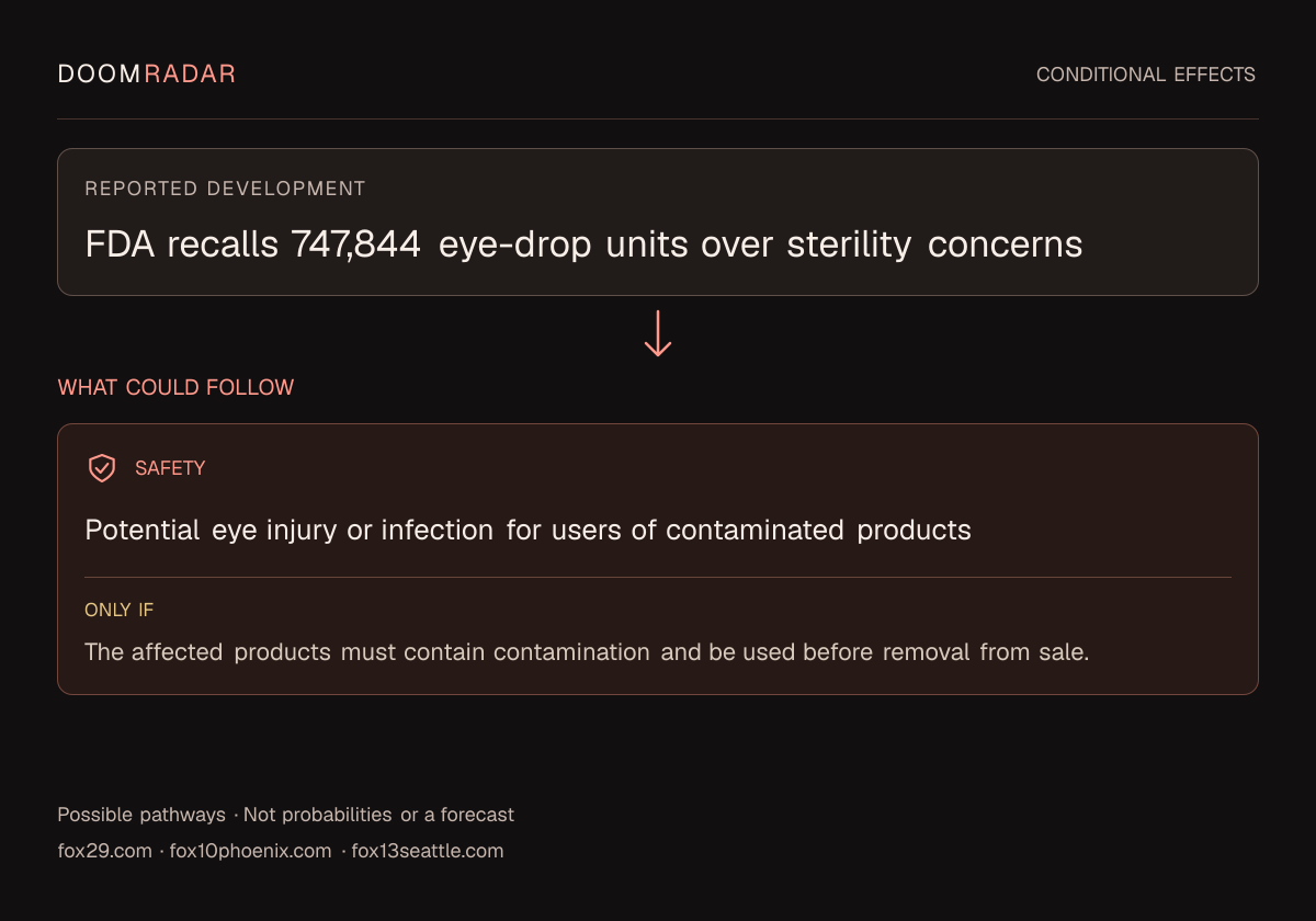 Conditional impact diagram. Reported development: FDA recalls 747,844 eye-drop units over sterility concerns. security: Potential eye injury or infection for users of contaminated products Only if: The affected products must contain contamination and be used before removal from sale. These are possible effects, not probabilities or a forecast.