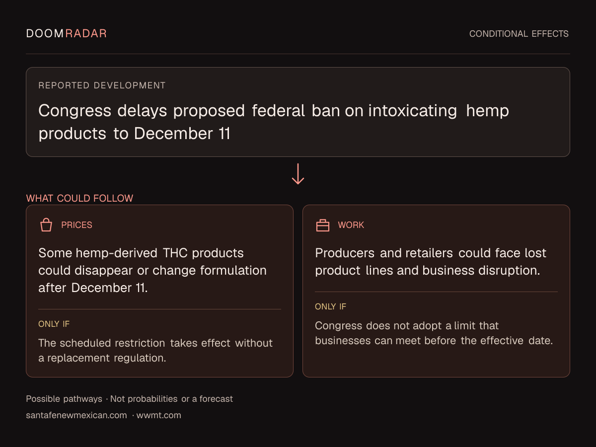 Conditional impact diagram. Reported development: Congress delays proposed federal ban on intoxicating hemp products to December 11. shopping: Some hemp-derived THC products could disappear or change formulation after December 11. Only if: The scheduled restriction takes effect without a replacement regulation. work: Producers and retailers could face lost product lines and business disruption. Only if: Congress does not adopt a limit that businesses can meet before the effective date. These are possible effects, not probabilities or a forecast.