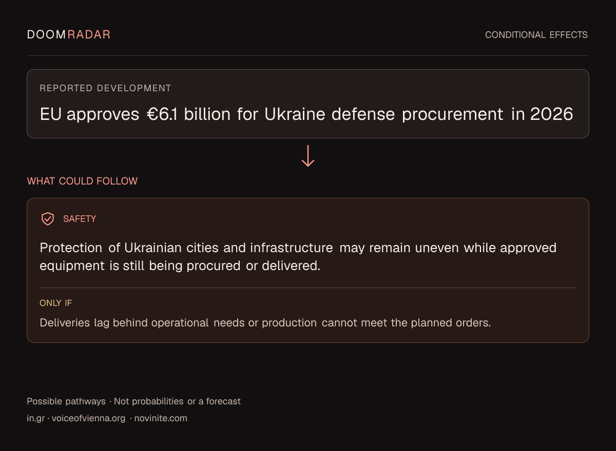 Conditional impact diagram. Reported development: EU approves €6.1 billion for Ukraine defense procurement in 2026. security: Protection of Ukrainian cities and infrastructure may remain uneven while approved equipment is still being procured or delivered. Only if: Deliveries lag behind operational needs or production cannot meet the planned orders. These are possible effects, not probabilities or a forecast.
