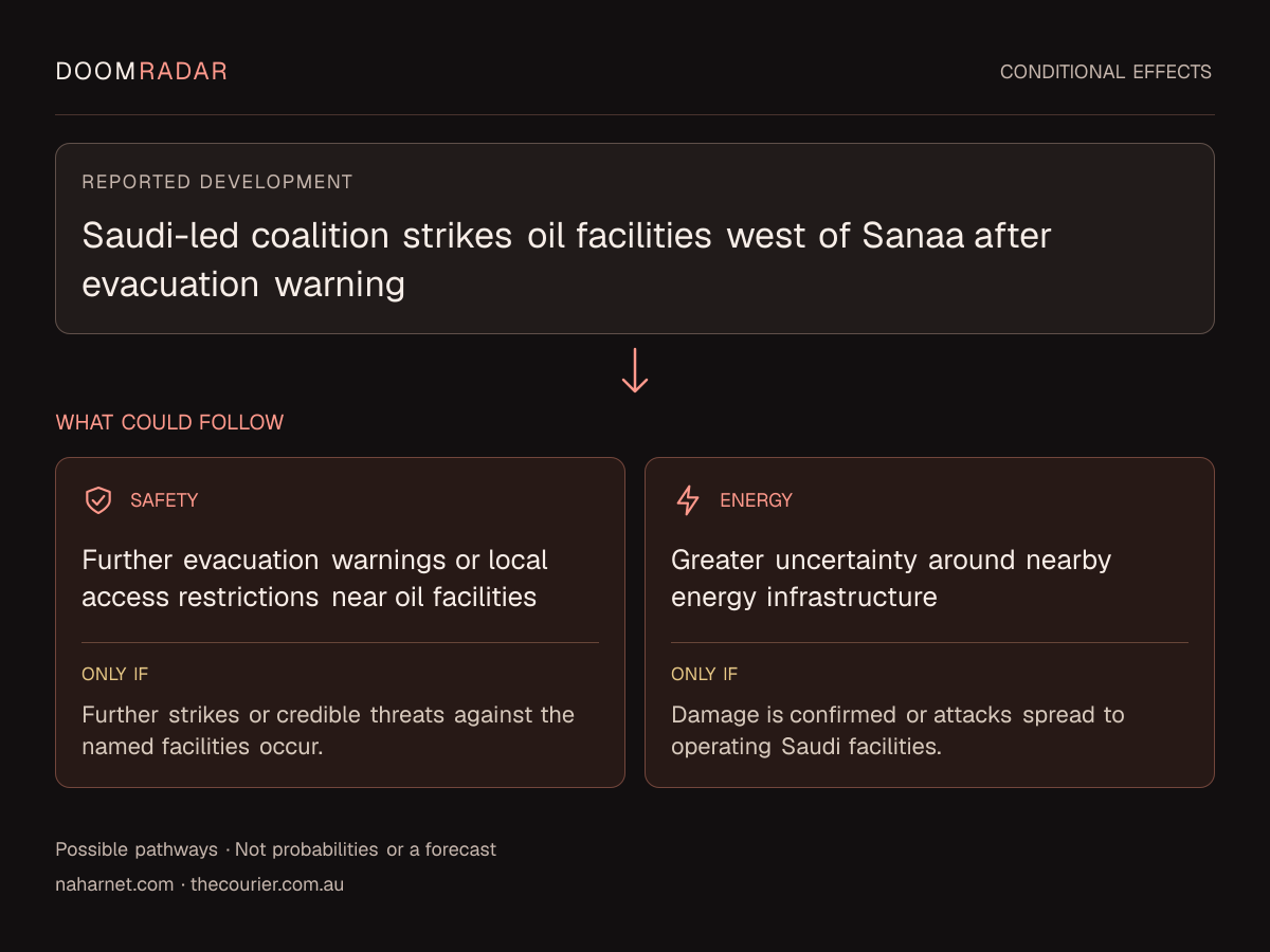 Conditional impact diagram. Reported development: Saudi-led coalition strikes oil facilities west of Sanaa after evacuation warning. security: Further evacuation warnings or local access restrictions near oil facilities Only if: Further strikes or credible threats against the named facilities occur. energy: Greater uncertainty around nearby energy infrastructure Only if: Damage is confirmed or attacks spread to operating Saudi facilities. These are possible effects, not probabilities or a forecast.