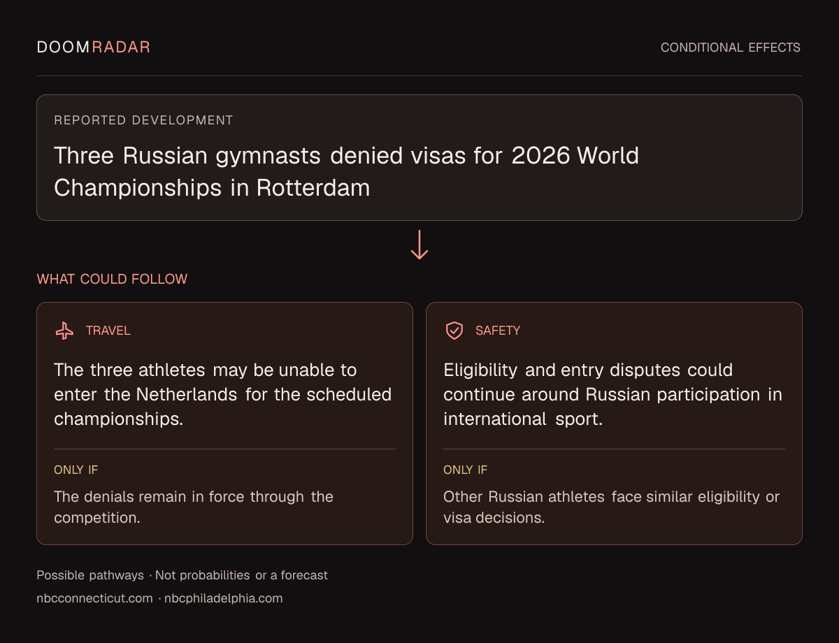 Conditional impact diagram. Reported development: Three Russian gymnasts denied visas for 2026 World Championships in Rotterdam. travel: The three athletes may be unable to enter the Netherlands for the scheduled championships. Only if: The denials remain in force through the competition. security: Eligibility and entry disputes could continue around Russian participation in international sport. Only if: Other Russian athletes face similar eligibility or visa decisions. These are possible effects, not probabilities or a forecast.