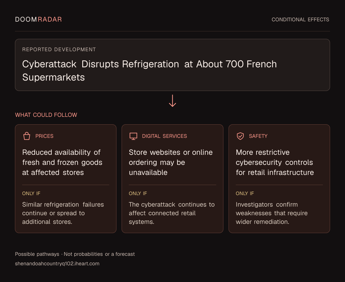 Conditional impact diagram. Reported development: Cyberattack Disrupts Refrigeration at About 700 French Supermarkets. shopping: Reduced availability of fresh and frozen goods at affected stores Only if: Similar refrigeration failures continue or spread to additional stores. digital: Store websites or online ordering may be unavailable Only if: The cyberattack continues to affect connected retail systems. security: More restrictive cybersecurity controls for retail infrastructure Only if: Investigators confirm weaknesses that require wider remediation. These are possible effects, not probabilities or a forecast.