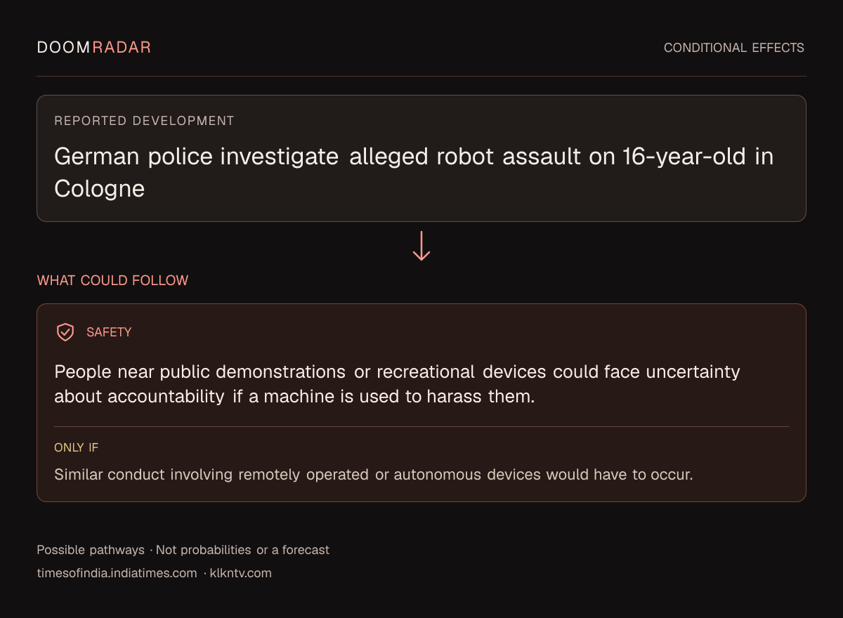 Conditional impact diagram. Reported development: German police investigate alleged robot assault on 16-year-old in Cologne. security: People near public demonstrations or recreational devices could face uncertainty about accountability if a machine is used to harass them. Only if: Similar conduct involving remotely operated or autonomous devices would have to occur. These are possible effects, not probabilities or a forecast.