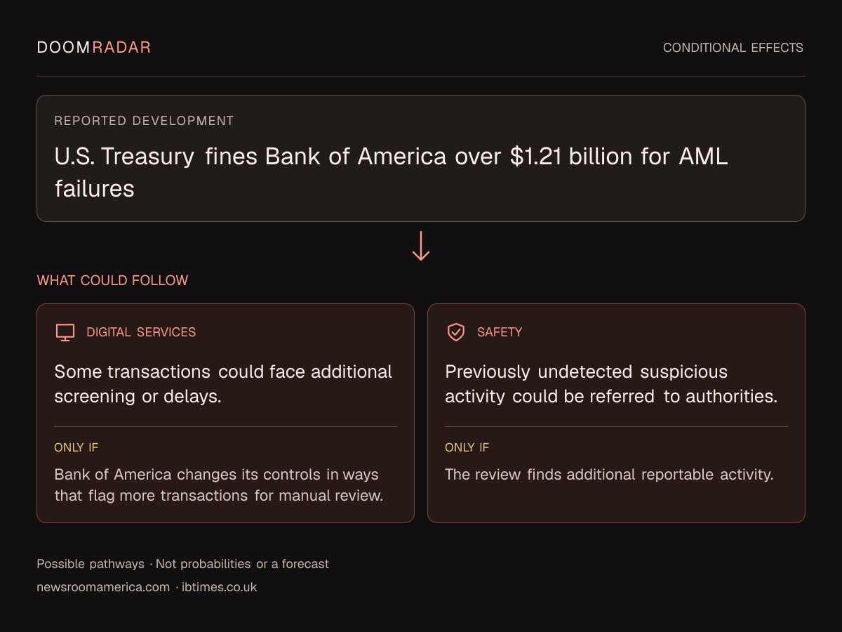 Conditional impact diagram. Reported development: U.S. Treasury fines Bank of America over $1.21 billion for AML failures. digital: Some transactions could face additional screening or delays. Only if: Bank of America changes its controls in ways that flag more transactions for manual review. security: Previously undetected suspicious activity could be referred to authorities. Only if: The review finds additional reportable activity. These are possible effects, not probabilities or a forecast.