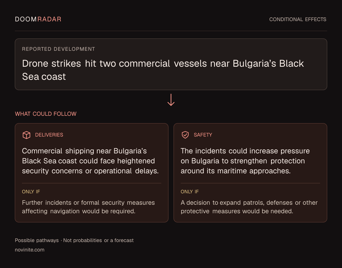 Conditional impact diagram. Reported development: Drone strikes hit two commercial vessels near Bulgaria’s Black Sea coast. transport: Commercial shipping near Bulgaria’s Black Sea coast could face heightened security concerns or operational delays. Only if: Further incidents or formal security measures affecting navigation would be required. security: The incidents could increase pressure on Bulgaria to strengthen protection around its maritime approaches. Only if: A decision to expand patrols, defenses or other protective measures would be needed. These are possible effects, not probabilities or a forecast.