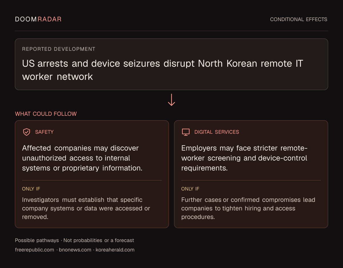 Conditional impact diagram. Reported development: US arrests and device seizures disrupt North Korean remote IT worker network. security: Affected companies may discover unauthorized access to internal systems or proprietary information. Only if: Investigators must establish that specific company systems or data were accessed or removed. digital: Employers may face stricter remote-worker screening and device-control requirements. Only if: Further cases or confirmed compromises lead companies to tighten hiring and access procedures. These are possible effects, not probabilities or a forecast.