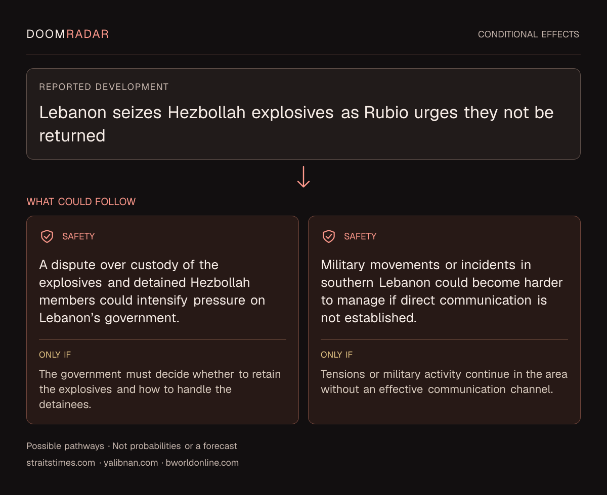 Conditional impact diagram. Reported development: Lebanon seizes Hezbollah explosives as Rubio urges they not be returned. security: A dispute over custody of the explosives and detained Hezbollah members could intensify pressure on Lebanon’s government. Only if: The government must decide whether to retain the explosives and how to handle the detainees. security: Military movements or incidents in southern Lebanon could become harder to manage if direct communication is not established. Only if: Tensions or military activity continue in the area without an effective communication channel. These are possible effects, not probabilities or a forecast.