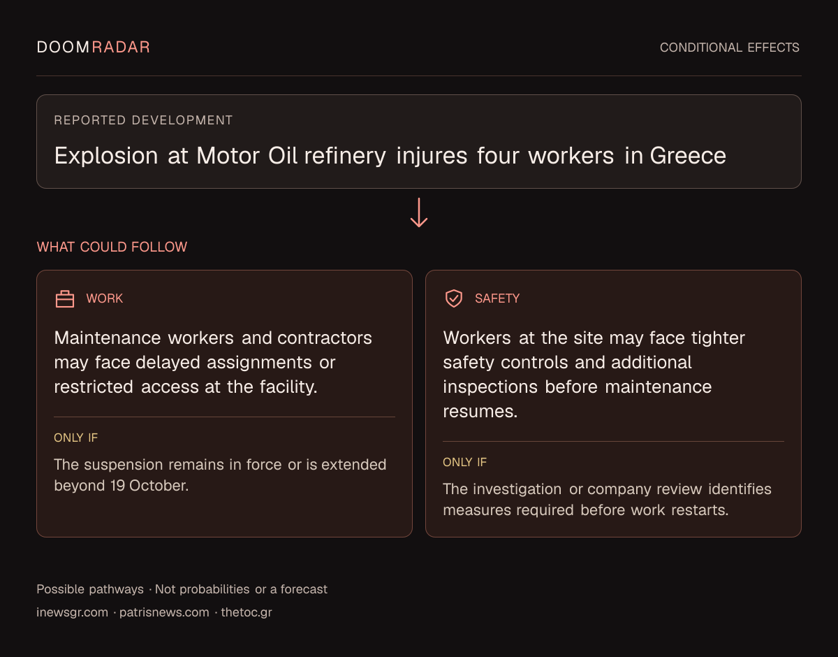Conditional impact diagram. Reported development: Explosion at Motor Oil refinery injures four workers in Greece. work: Maintenance workers and contractors may face delayed assignments or restricted access at the facility. Only if: The suspension remains in force or is extended beyond 19 October. security: Workers at the site may face tighter safety controls and additional inspections before maintenance resumes. Only if: The investigation or company review identifies measures required before work restarts. These are possible effects, not probabilities or a forecast.