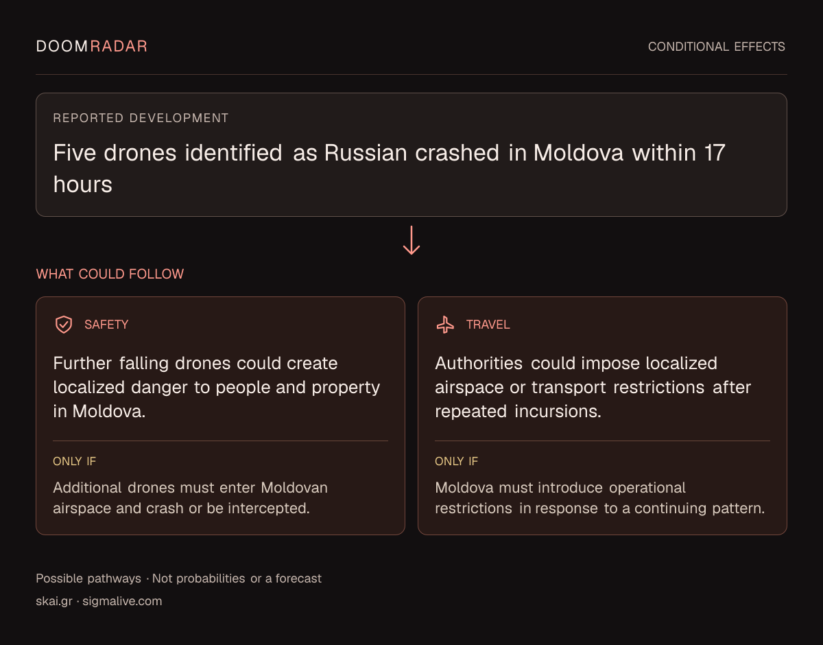 Conditional impact diagram. Reported development: Five drones identified as Russian crashed in Moldova within 17 hours. security: Further falling drones could create localized danger to people and property in Moldova. Only if: Additional drones must enter Moldovan airspace and crash or be intercepted. travel: Authorities could impose localized airspace or transport restrictions after repeated incursions. Only if: Moldova must introduce operational restrictions in response to a continuing pattern. These are possible effects, not probabilities or a forecast.