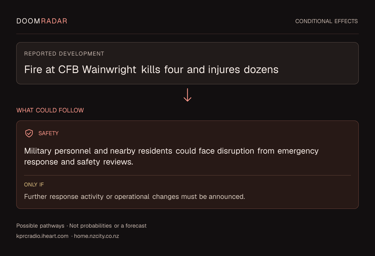 Conditional impact diagram. Reported development: Fire at CFB Wainwright kills four and injures dozens. security: Military personnel and nearby residents could face disruption from emergency response and safety reviews. Only if: Further response activity or operational changes must be announced. These are possible effects, not probabilities or a forecast.