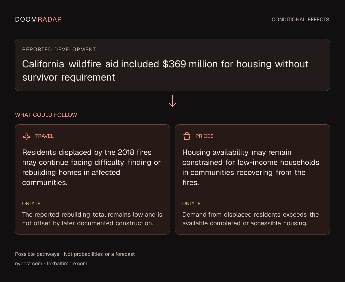 Conditional impact diagram. Reported development: California wildfire aid included $369 million for housing without survivor requirement. travel: Residents displaced by the 2018 fires may continue facing difficulty finding or rebuilding homes in affected communities. Only if: The reported rebuilding total remains low and is not offset by later documented construction. shopping: Housing availability may remain constrained for low-income households in communities recovering from the fires. Only if: Demand from displaced residents exceeds the available completed or accessible housing. These are possible effects, not probabilities or a forecast.