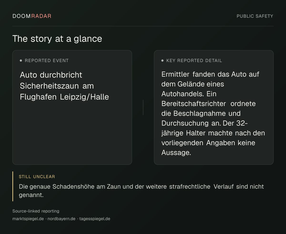 Reporting snapshot. Reported event: Auto durchbricht Sicherheitszaun am Flughafen Leipzig/Halle. Key reported detail: Ermittler fanden das Auto auf dem Gelände eines Autohandels. Ein Bereitschaftsrichter ordnete die Beschlagnahme und Durchsuchung an. Der 32-jährige Halter machte nach den vorliegenden Angaben keine Aussage.. still unclear: Die genaue Schadenshöhe am Zaun und der weitere strafrechtliche Verlauf sind nicht genannt.