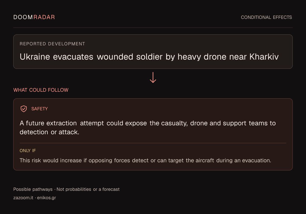 Conditional impact diagram. Reported development: Ukraine evacuates wounded soldier by heavy drone near Kharkiv. security: A future extraction attempt could expose the casualty, drone and support teams to detection or attack. Only if: This risk would increase if opposing forces detect or can target the aircraft during an evacuation. These are possible effects, not probabilities or a forecast.