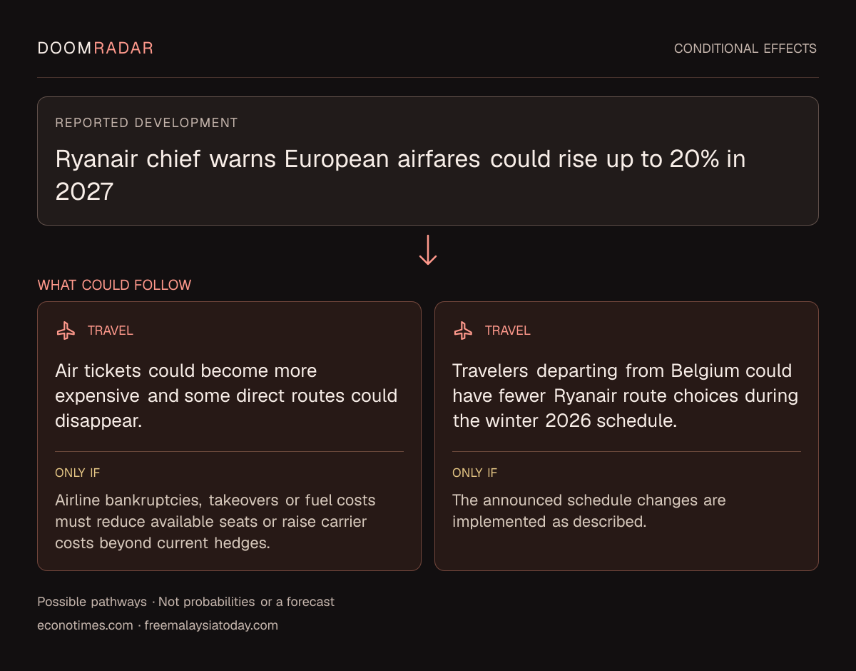 Conditional impact diagram. Reported development: Ryanair chief warns European airfares could rise up to 20% in 2027. travel: Air tickets could become more expensive and some direct routes could disappear. Only if: Airline bankruptcies, takeovers or fuel costs must reduce available seats or raise carrier costs beyond current hedges. travel: Travelers departing from Belgium could have fewer Ryanair route choices during the winter 2026 schedule. Only if: The announced schedule changes are implemented as described. These are possible effects, not probabilities or a forecast.