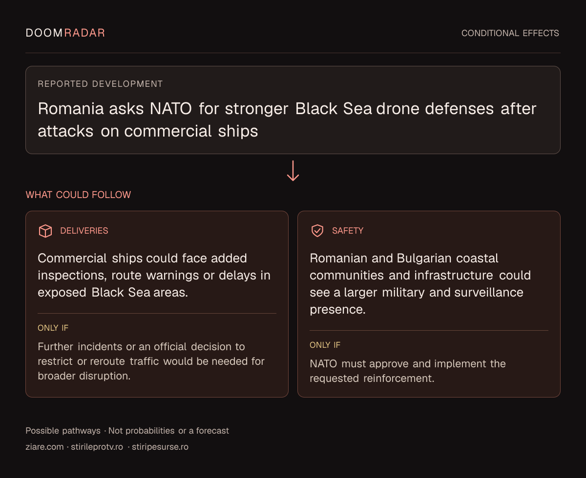 Conditional impact diagram. Reported development: Romania asks NATO for stronger Black Sea drone defenses after attacks on commercial ships. transport: Commercial ships could face added inspections, route warnings or delays in exposed Black Sea areas. Only if: Further incidents or an official decision to restrict or reroute traffic would be needed for broader disruption. security: Romanian and Bulgarian coastal communities and infrastructure could see a larger military and surveillance presence. Only if: NATO must approve and implement the requested reinforcement. These are possible effects, not probabilities or a forecast.