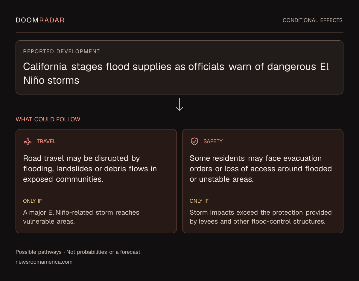 Conditional impact diagram. Reported development: California stages flood supplies as officials warn of dangerous El Niño storms. travel: Road travel may be disrupted by flooding, landslides or debris flows in exposed communities. Only if: A major El Niño-related storm reaches vulnerable areas. security: Some residents may face evacuation orders or loss of access around flooded or unstable areas. Only if: Storm impacts exceed the protection provided by levees and other flood-control structures. These are possible effects, not probabilities or a forecast.