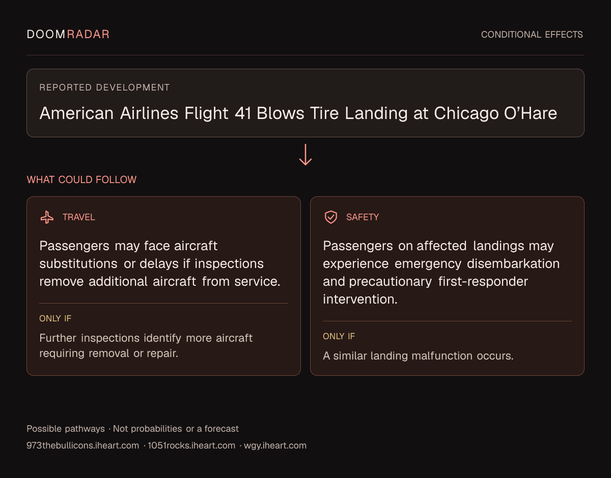 Conditional impact diagram. Reported development: American Airlines Flight 41 Blows Tire Landing at Chicago O’Hare. travel: Passengers may face aircraft substitutions or delays if inspections remove additional aircraft from service. Only if: Further inspections identify more aircraft requiring removal or repair. security: Passengers on affected landings may experience emergency disembarkation and precautionary first-responder intervention. Only if: A similar landing malfunction occurs. These are possible effects, not probabilities or a forecast.