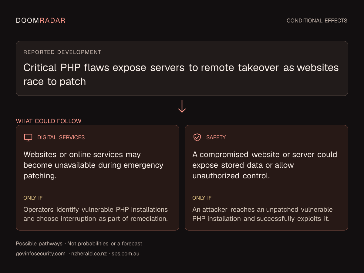 Conditional impact diagram. Reported development: Critical PHP flaws expose servers to remote takeover as websites race to patch. digital: Websites or online services may become unavailable during emergency patching. Only if: Operators identify vulnerable PHP installations and choose interruption as part of remediation. security: A compromised website or server could expose stored data or allow unauthorized control. Only if: An attacker reaches an unpatched vulnerable PHP installation and successfully exploits it. These are possible effects, not probabilities or a forecast.