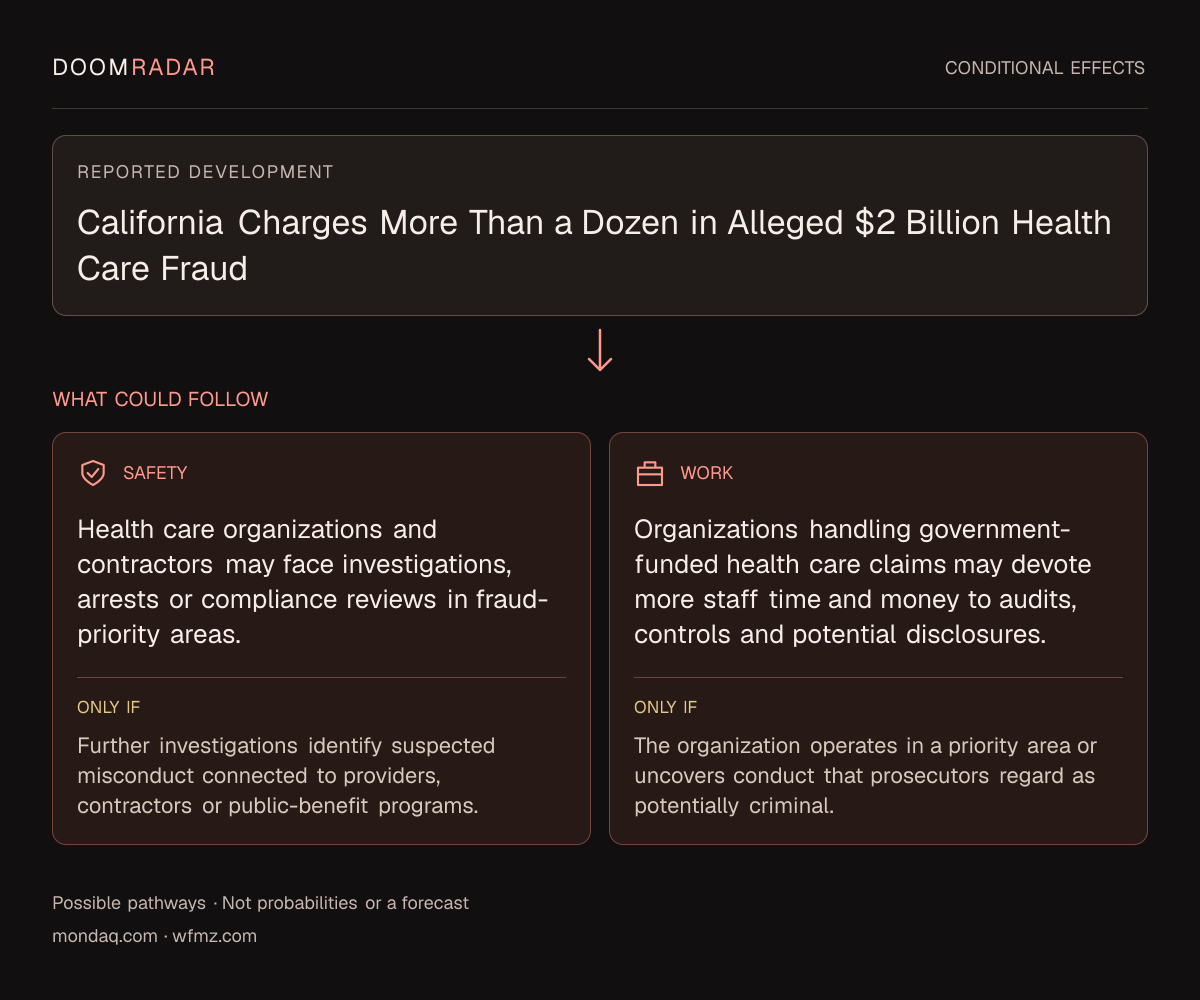 Conditional impact diagram. Reported development: California Charges More Than a Dozen in Alleged $2 Billion Health Care Fraud. security: Health care organizations and contractors may face investigations, arrests or compliance reviews in fraud-priority areas. Only if: Further investigations identify suspected misconduct connected to providers, contractors or public-benefit programs. work: Organizations handling government-funded health care claims may devote more staff time and money to audits, controls and potential disclosures. Only if: The organization operates in a priority area or uncovers conduct that prosecutors regard as potentially criminal. These are possible effects, not probabilities or a forecast.