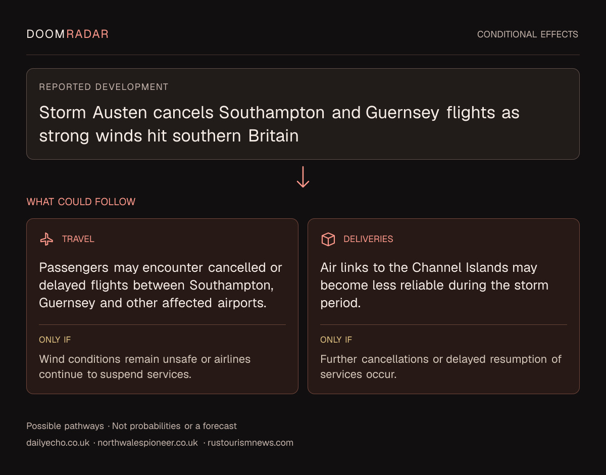 Conditional impact diagram. Reported development: Storm Austen cancels Southampton and Guernsey flights as strong winds hit southern Britain. travel: Passengers may encounter cancelled or delayed flights between Southampton, Guernsey and other affected airports. Only if: Wind conditions remain unsafe or airlines continue to suspend services. transport: Air links to the Channel Islands may become less reliable during the storm period. Only if: Further cancellations or delayed resumption of services occur. These are possible effects, not probabilities or a forecast.