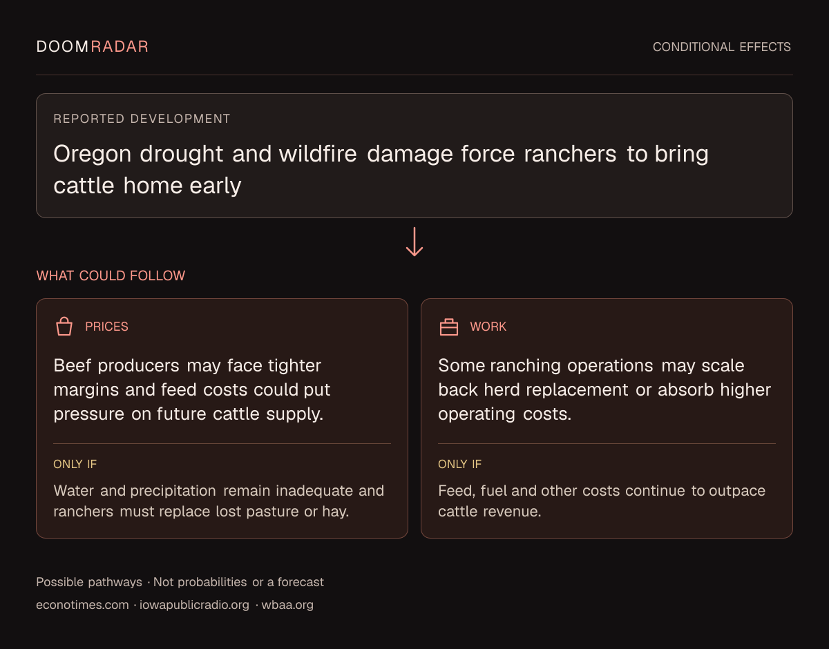 Conditional impact diagram. Reported development: Oregon drought and wildfire damage force ranchers to bring cattle home early. shopping: Beef producers may face tighter margins and feed costs could put pressure on future cattle supply. Only if: Water and precipitation remain inadequate and ranchers must replace lost pasture or hay. work: Some ranching operations may scale back herd replacement or absorb higher operating costs. Only if: Feed, fuel and other costs continue to outpace cattle revenue. These are possible effects, not probabilities or a forecast.