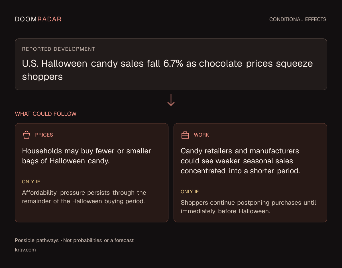 Conditional impact diagram. Reported development: U.S. Halloween candy sales fall 6.7% as chocolate prices squeeze shoppers. shopping: Households may buy fewer or smaller bags of Halloween candy. Only if: Affordability pressure persists through the remainder of the Halloween buying period. work: Candy retailers and manufacturers could see weaker seasonal sales concentrated into a shorter period. Only if: Shoppers continue postponing purchases until immediately before Halloween. These are possible effects, not probabilities or a forecast.