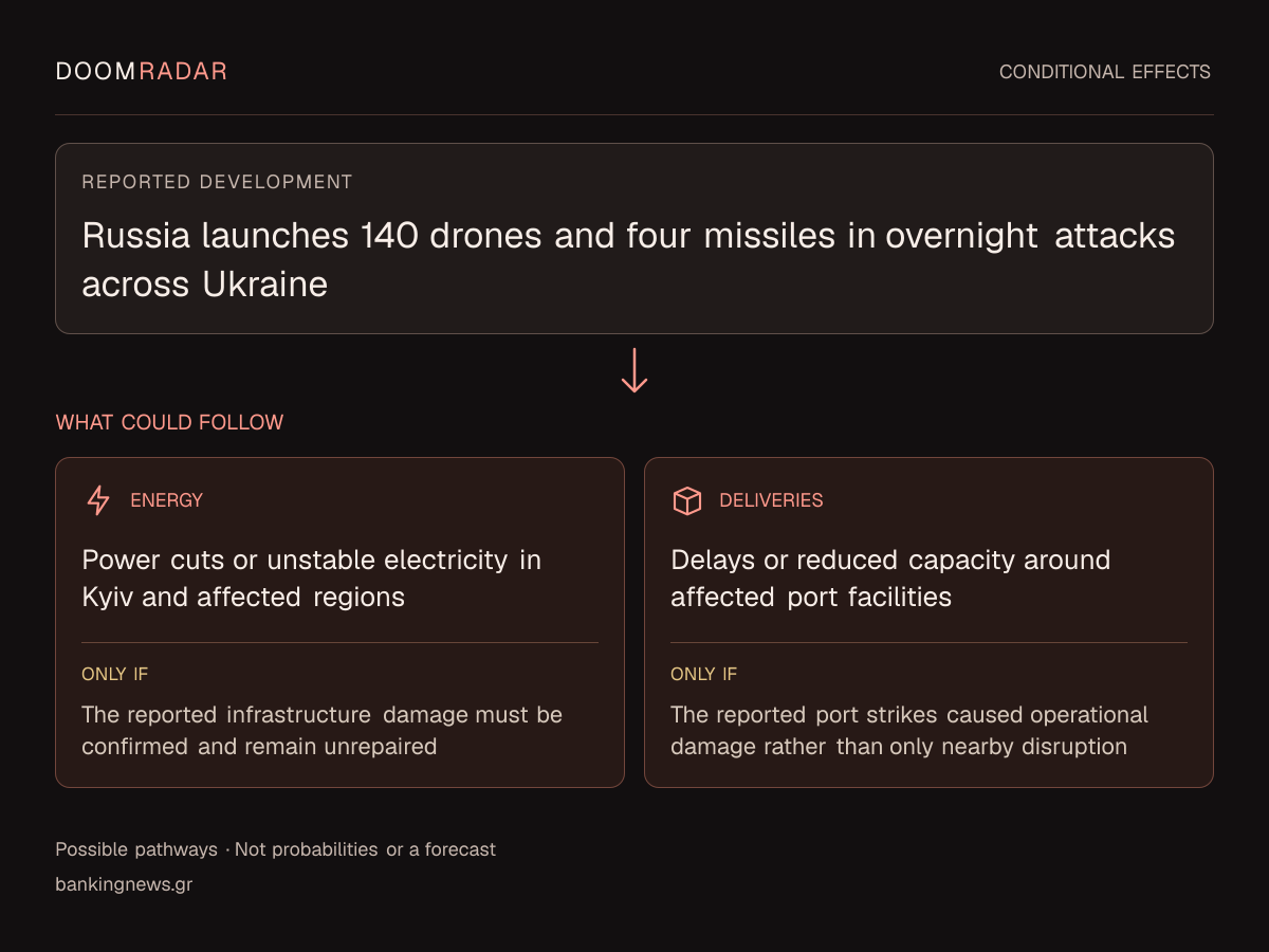 Conditional impact diagram. Reported development: Russia launches 140 drones and four missiles in overnight attacks across Ukraine. energy: Power cuts or unstable electricity in Kyiv and affected regions Only if: The reported infrastructure damage must be confirmed and remain unrepaired transport: Delays or reduced capacity around affected port facilities Only if: The reported port strikes caused operational damage rather than only nearby disruption These are possible effects, not probabilities or a forecast.