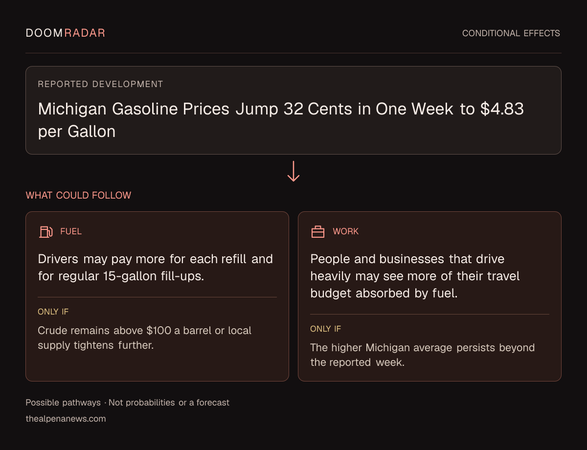 Conditional impact diagram. Reported development: Michigan Gasoline Prices Jump 32 Cents in One Week to $4.83 per Gallon. fuel: Drivers may pay more for each refill and for regular 15-gallon fill-ups. Only if: Crude remains above $100 a barrel or local supply tightens further. work: People and businesses that drive heavily may see more of their travel budget absorbed by fuel. Only if: The higher Michigan average persists beyond the reported week. These are possible effects, not probabilities or a forecast.