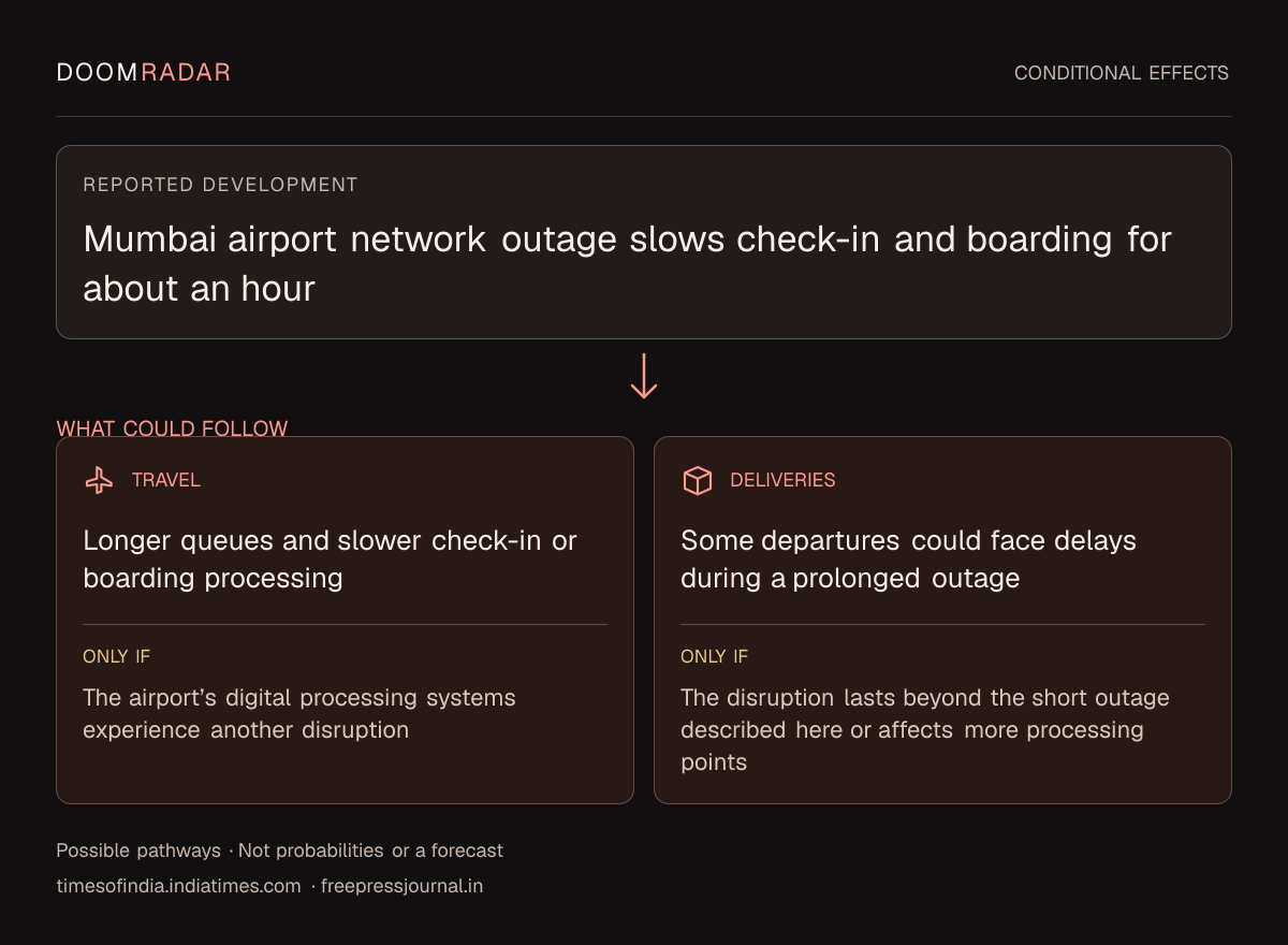 Conditional impact diagram. Reported development: Mumbai airport network outage slows check-in and boarding for about an hour. travel: Longer queues and slower check-in or boarding processing Only if: The airport’s digital processing systems experience another disruption transport: Some departures could face delays during a prolonged outage Only if: The disruption lasts beyond the short outage described here or affects more processing points These are possible effects, not probabilities or a forecast.