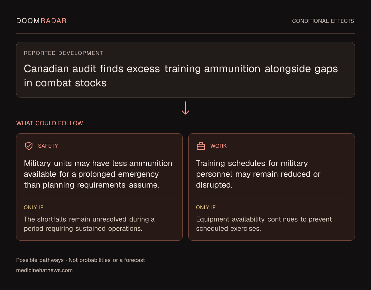 Conditional impact diagram. Reported development: Canadian audit finds excess training ammunition alongside gaps in combat stocks. security: Military units may have less ammunition available for a prolonged emergency than planning requirements assume. Only if: The shortfalls remain unresolved during a period requiring sustained operations. work: Training schedules for military personnel may remain reduced or disrupted. Only if: Equipment availability continues to prevent scheduled exercises. These are possible effects, not probabilities or a forecast.