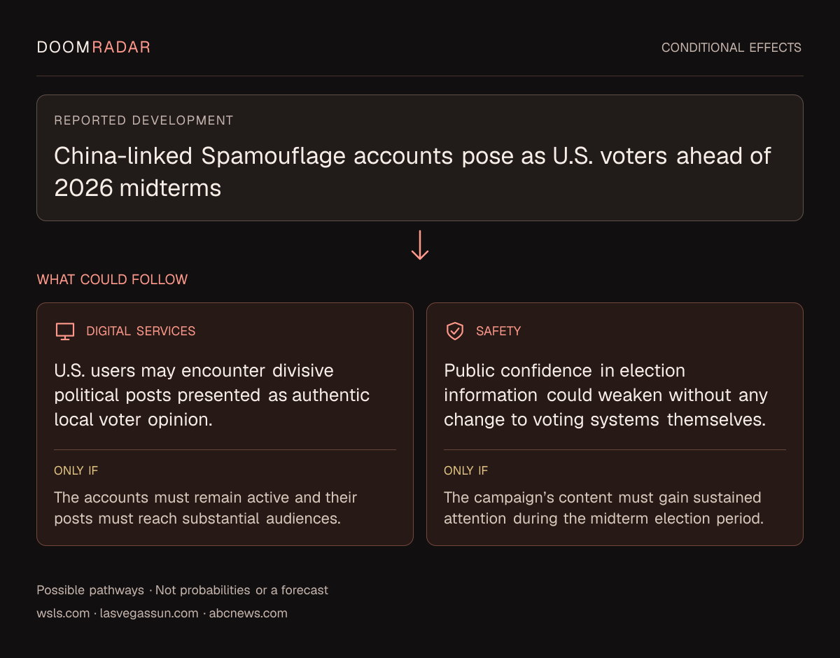 Conditional impact diagram. Reported development: China-linked Spamouflage accounts pose as U.S. voters ahead of 2026 midterms. digital: U.S. users may encounter divisive political posts presented as authentic local voter opinion. Only if: The accounts must remain active and their posts must reach substantial audiences. security: Public confidence in election information could weaken without any change to voting systems themselves. Only if: The campaign’s content must gain sustained attention during the midterm election period. These are possible effects, not probabilities or a forecast.