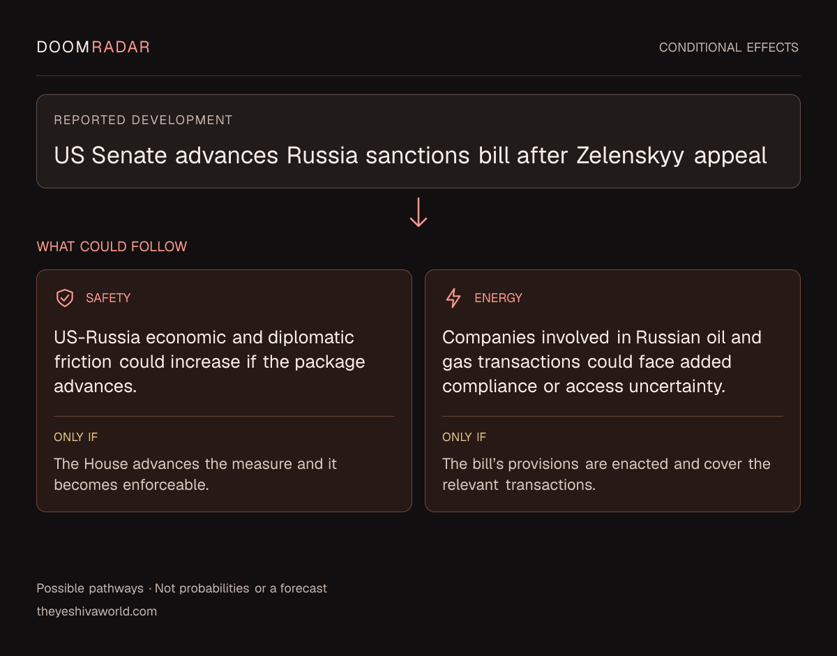 Conditional impact diagram. Reported development: US Senate advances Russia sanctions bill after Zelenskyy appeal. security: US-Russia economic and diplomatic friction could increase if the package advances. Only if: The House advances the measure and it becomes enforceable. energy: Companies involved in Russian oil and gas transactions could face added compliance or access uncertainty. Only if: The bill’s provisions are enacted and cover the relevant transactions. These are possible effects, not probabilities or a forecast.