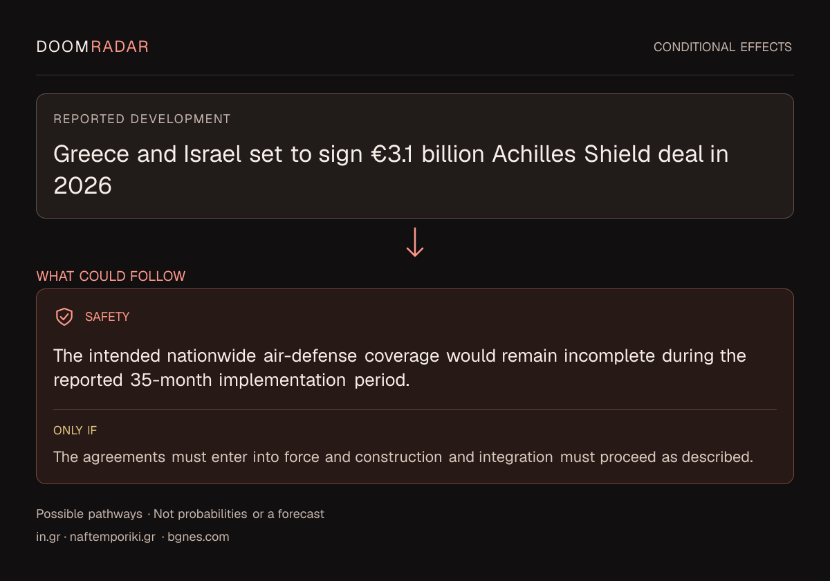 Conditional impact diagram. Reported development: Greece and Israel set to sign €3.1 billion Achilles Shield deal in 2026. security: The intended nationwide air-defense coverage would remain incomplete during the reported 35-month implementation period. Only if: The agreements must enter into force and construction and integration must proceed as described. These are possible effects, not probabilities or a forecast.