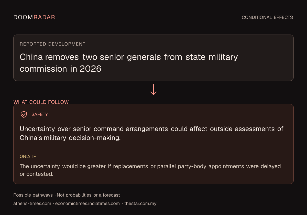 Conditional impact diagram. Reported development: China removes two senior generals from state military commission in 2026. security: Uncertainty over senior command arrangements could affect outside assessments of China’s military decision-making. Only if: The uncertainty would be greater if replacements or parallel party-body appointments were delayed or contested. These are possible effects, not probabilities or a forecast.