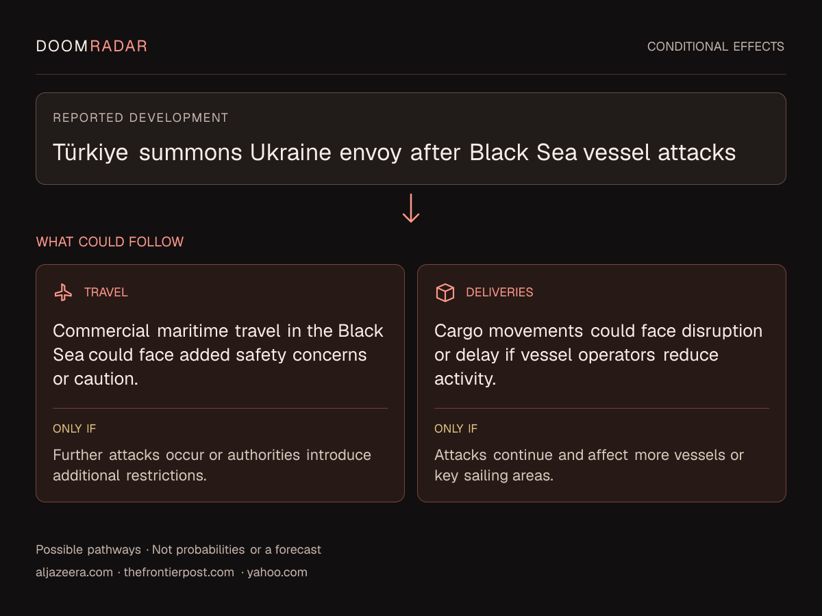 Conditional impact diagram. Reported development: Türkiye summons Ukraine envoy after Black Sea vessel attacks. travel: Commercial maritime travel in the Black Sea could face added safety concerns or caution. Only if: Further attacks occur or authorities introduce additional restrictions. transport: Cargo movements could face disruption or delay if vessel operators reduce activity. Only if: Attacks continue and affect more vessels or key sailing areas. These are possible effects, not probabilities or a forecast.