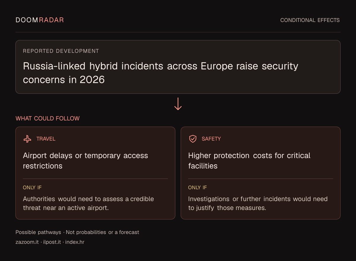 Conditional impact diagram. Reported development: Russia-linked hybrid incidents across Europe raise security concerns in 2026. travel: Airport delays or temporary access restrictions Only if: Authorities would need to assess a credible threat near an active airport. security: Higher protection costs for critical facilities Only if: Investigations or further incidents would need to justify those measures. These are possible effects, not probabilities or a forecast.