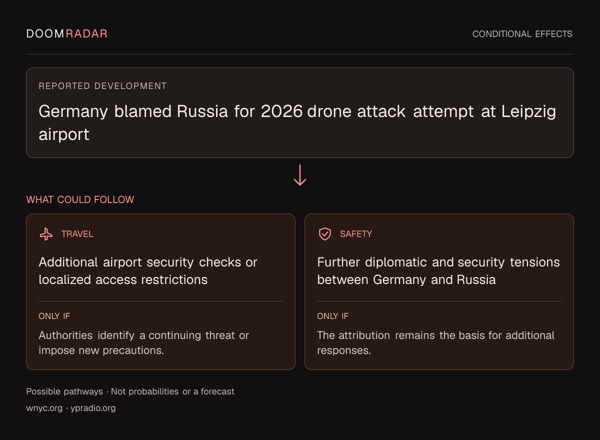 Conditional impact diagram. Reported development: Germany blamed Russia for 2026 drone attack attempt at Leipzig airport. travel: Additional airport security checks or localized access restrictions Only if: Authorities identify a continuing threat or impose new precautions. security: Further diplomatic and security tensions between Germany and Russia Only if: The attribution remains the basis for additional responses. These are possible effects, not probabilities or a forecast.