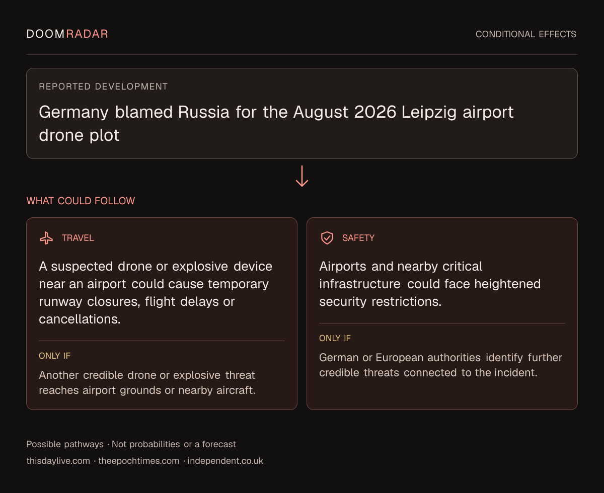Conditional impact diagram. Reported development: Germany blamed Russia for the August 2026 Leipzig airport drone plot. travel: A suspected drone or explosive device near an airport could cause temporary runway closures, flight delays or cancellations. Only if: Another credible drone or explosive threat reaches airport grounds or nearby aircraft. security: Airports and nearby critical infrastructure could face heightened security restrictions. Only if: German or European authorities identify further credible threats connected to the incident. These are possible effects, not probabilities or a forecast.