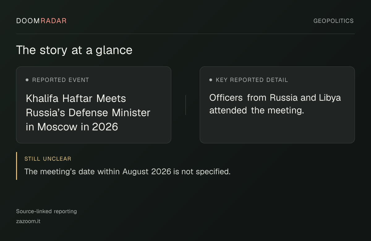 Reporting snapshot. Reported event: Khalifa Haftar Meets Russia’s Defense Minister in Moscow in 2026. Key reported detail: Officers from Russia and Libya attended the meeting.. still unclear: The meeting’s date within August 2026 is not specified.
